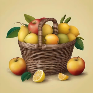 Korb mit Äpfeln, Mangos und Zitronen