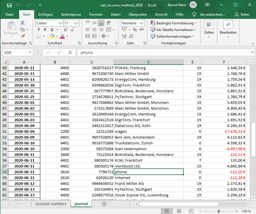 Einnahmeüberschussrechnung unter Excel